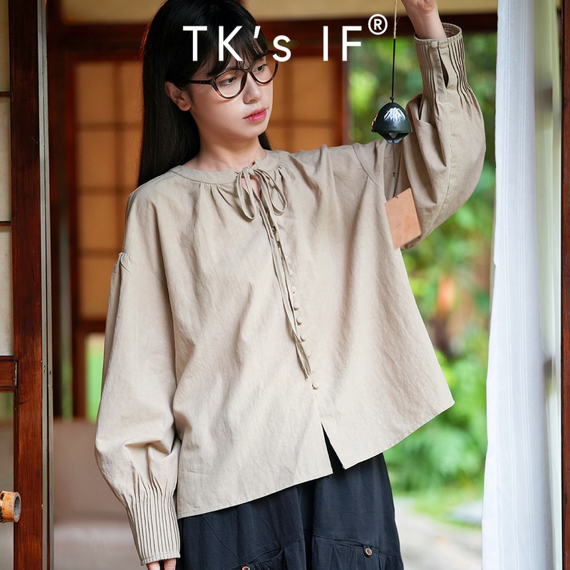【Fumei Tōmì】Tencel Linen Blend Tie-Up Horse Hoof Sleeve Mushroom Button Shirt