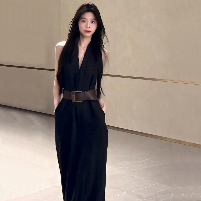 Black High-End V-Neck Halter Dress for Women, Summer 2025 New Style, Elegant Waist-Cinching Slimming A-Line Long Dress Black High-End V-Neck Halter Dress for Women, Summer 2025 New Style, Elegant Waist-Cinching Slimming A-Line Long Dress