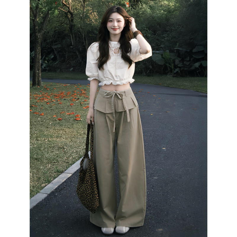 Korean-Style Super Stylish Outfit Set 2026 New White Lace Patchwork Top Women's Summer Wide-Leg Pants Set