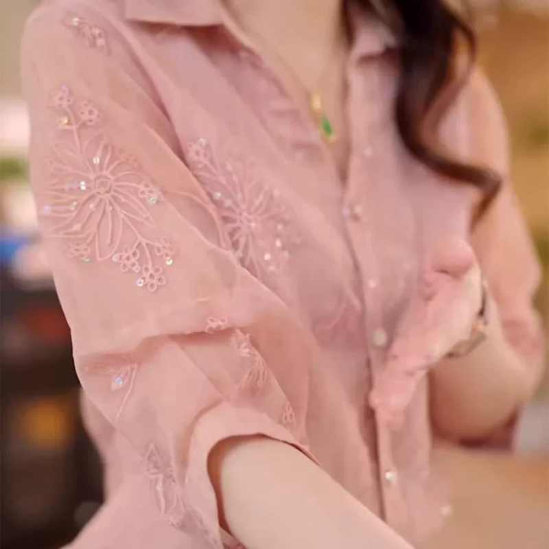 Tach Damas New Summer Style Casual Pink Sequin Embellished Heavy-Duty Elegant Shirt with a Turn-Down Collar