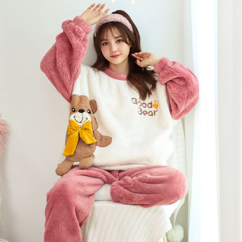 Coral velvet thickened and velvet cute loose pajama pants set women's autumn and winter flannel 2021 new home wear