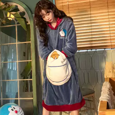 Coral velvet 0 nightgown women autumn and winter long sleeves sweet Korean cute student flannel Padded cashmere pajamas winter