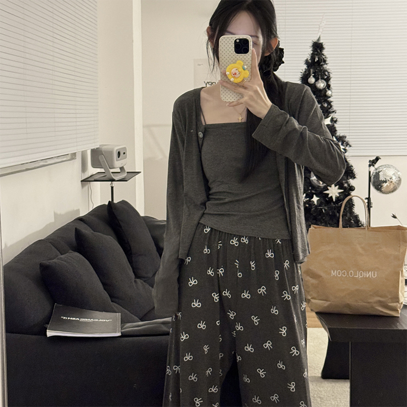Modal Sexy and Cute Pajamas with Breast Pads for Women, Spring and Autum ins Style, Can Be Worn Outside, Home Wear Three-Piece Set