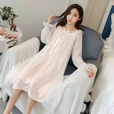 Mesh night dress female spring and autumn sweet and cute Korean version of sexy pure cotton fairy princess style court summer pajamas female