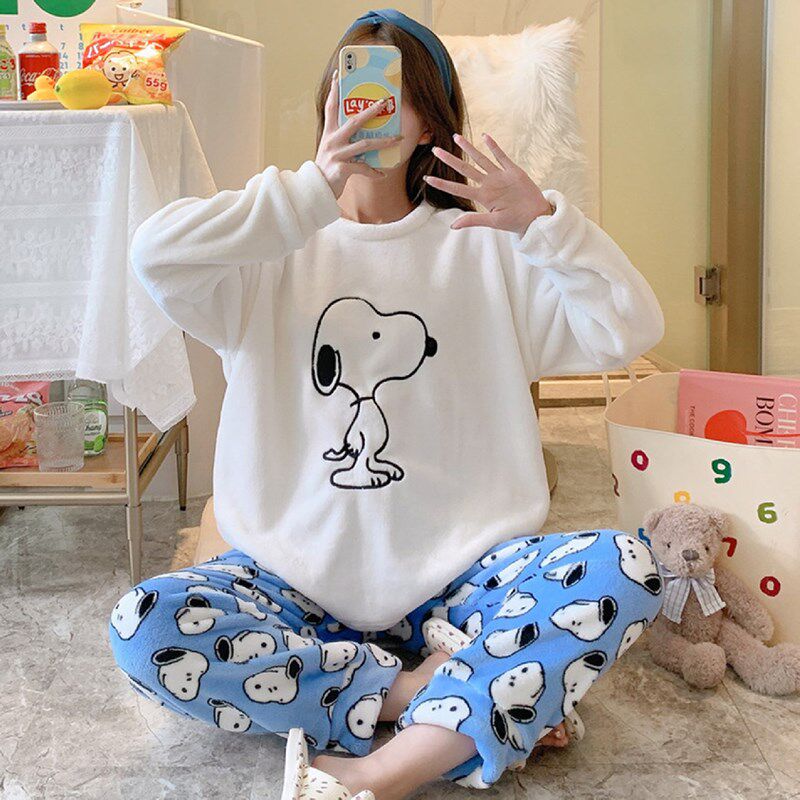 Coral Suede Pajamas Woman 2021 New Autumn Winter Plus Suede Thickening Cute Cartoon Flannel Suede Winter Style