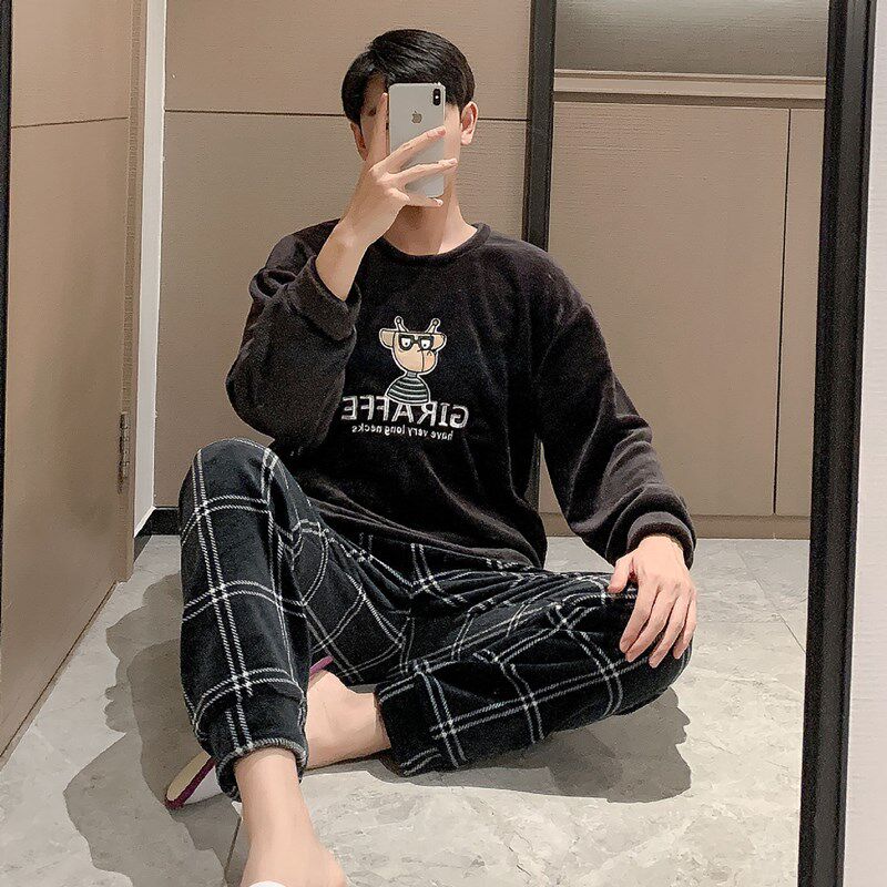 Men's Sleeping Clothes Autumn Winter Coral Suede Cartoon Teenager Flannel Home Suits 2021 New Internet Red suit