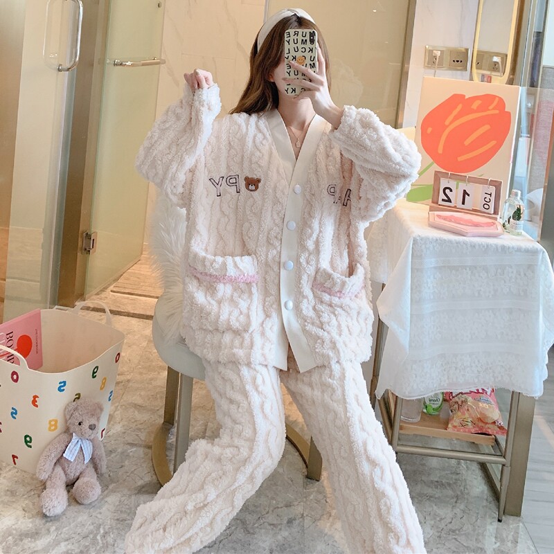 Pajamas women's autumn and winter coral fleece thickened happy bear flannel home clothes net red sweet and cute winter suit