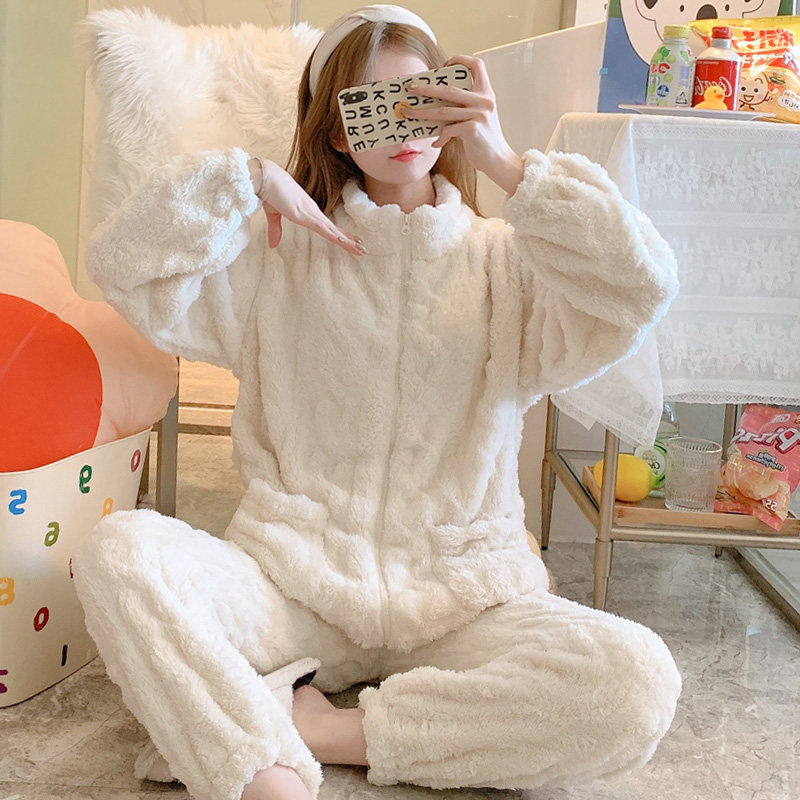 Laced Pyjamas Woman Autumn Winter Plus Suede Thickened Coral Suede 2021 New Flannel Suede Long Sleeve Suit Home Dress