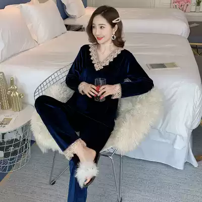 Korean version of gold velvet pajamas female net red princess style sexy V-neck suit spring and autumn and winter home clothes two-piece suit