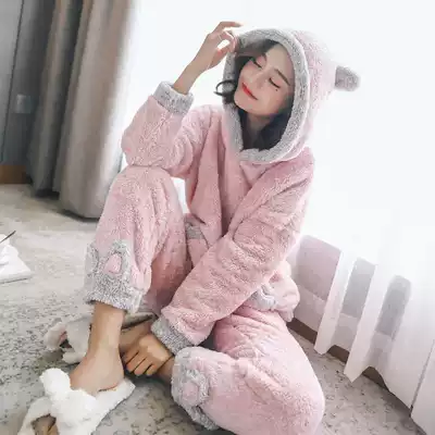 Pajamas women's spring, autumn and winter sweet and cute coral velvet thickened plush hooded can be worn outside home clothes net red suit