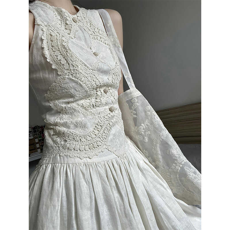 French-Style Heavy Embroidery White Sleeveless Vest Dress for Women, Summer High-End Elegant Waist-Cinching Slimming Long Dress