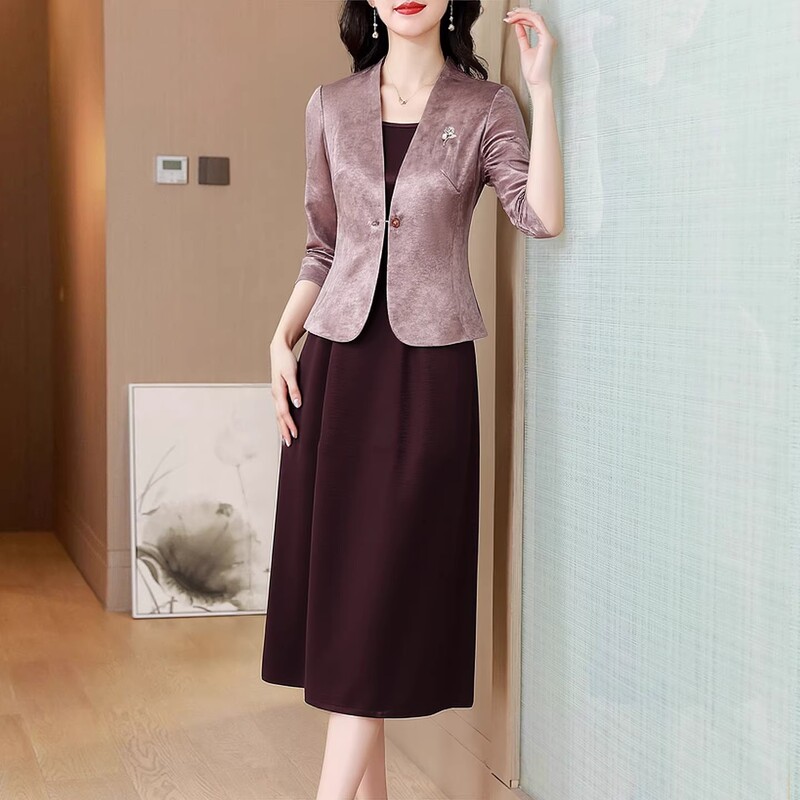 French Rouje Moaks Elegant Mother-Of-The-Bride Silk Dress for Wedding Banquet, High-End Women's Dress Set French Rouje Moaks Elegant Mother-Of-The-Bride Silk Dress for Wedding Banquet, High-End Women's Dress Set