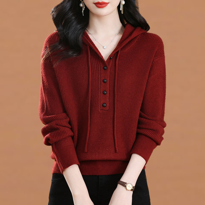 Hooded Sweater for Women Spring and Autumn 2026 New Style Loose Fashion Casual Red Hooded Sweatshirt Knitted Base Shirt Top