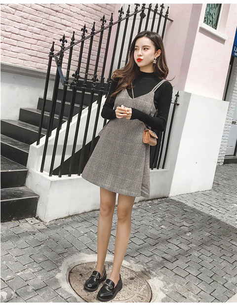 Váy len kẻ sọc nữ mùa thu đông 2018 retro sang trọng là váy eo mỏng thắt eo 	váy hạ eo đuôi cá	