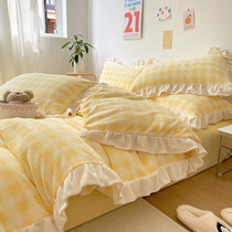 Cream four-piece coral velvet thickness bed with linen linen for winter double-sided fluff flannel