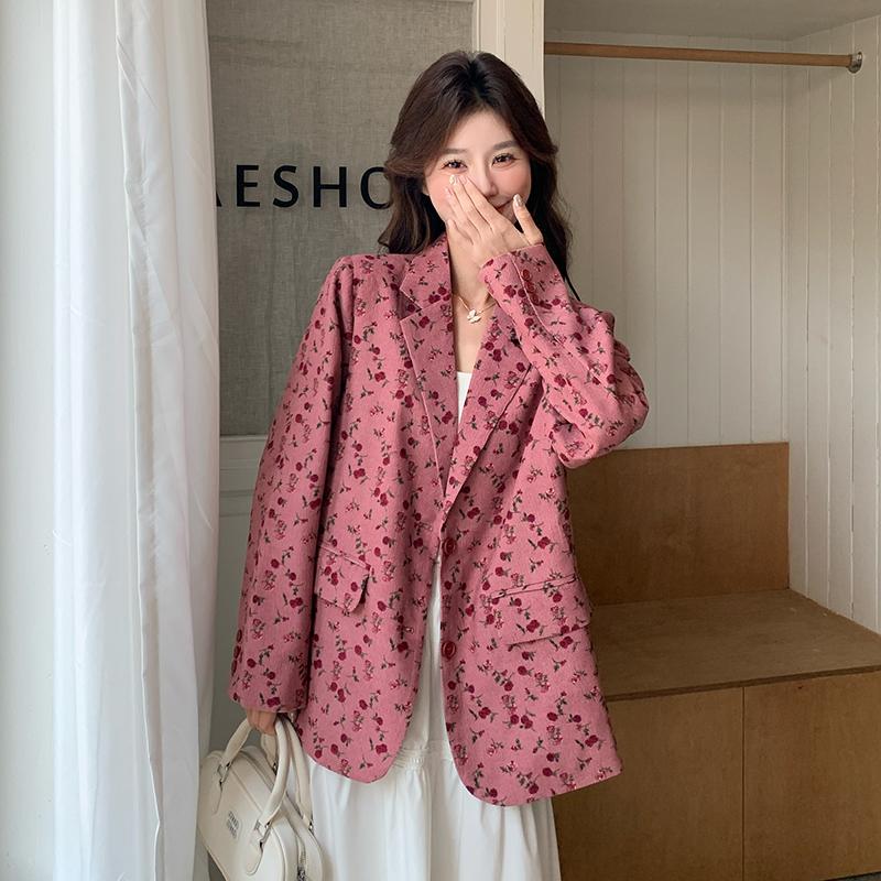 Pink Sweet and Cool Design Floral Blazer for Women, Spring and Autumn 2026 New Korean Style Casual Straight-Cut Small Suit