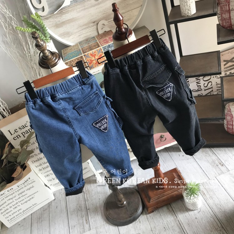 Sản phẩm dành cho trẻ em màu xanh lá cây | Trẻ em Hàn Quốc 18 năm mùa đông cộng với quần jean nhung lớn, quần jeans rộng, mềm mại quần áo trẻ em