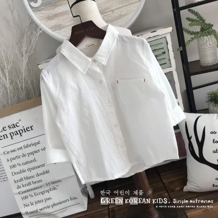Sản phẩm dành cho trẻ em màu xanh lá cây | Trẻ em Hàn Quốc 19 năm xuân hoang dã phiên bản lưới trắng áo sơ mi cotton mềm nhỏ - Áo sơ mi thời trang trẻ em cao cấp