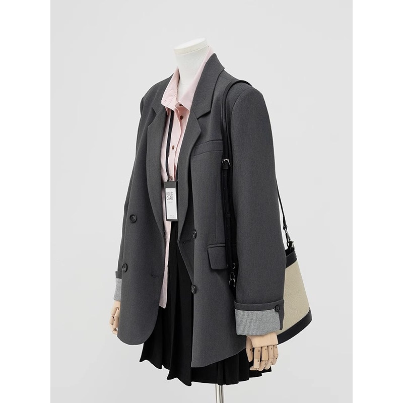 Gray Fashionable Design with Contrasting Sleeves Casual Blazer for Women 2026 Spring New Korean Style Versatile Small Suit Gray Fashionable Design with Contrasting Sleeves Casual Blazer for Women 2026 Spring New Korean Style Versatile Small Suit