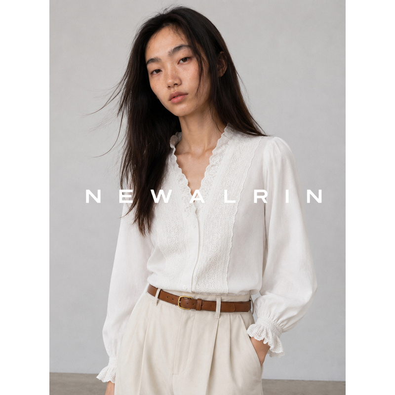 New Sequence Newalrin Casual Lace-Trimmed Shirt with Elegant Embroidery and Hollow-Out Long Sleeves for Women New Sequence Newalrin Casual Lace-Trimmed Shirt with Elegant Embroidery and Hollow-Out Long Sleeves for Women