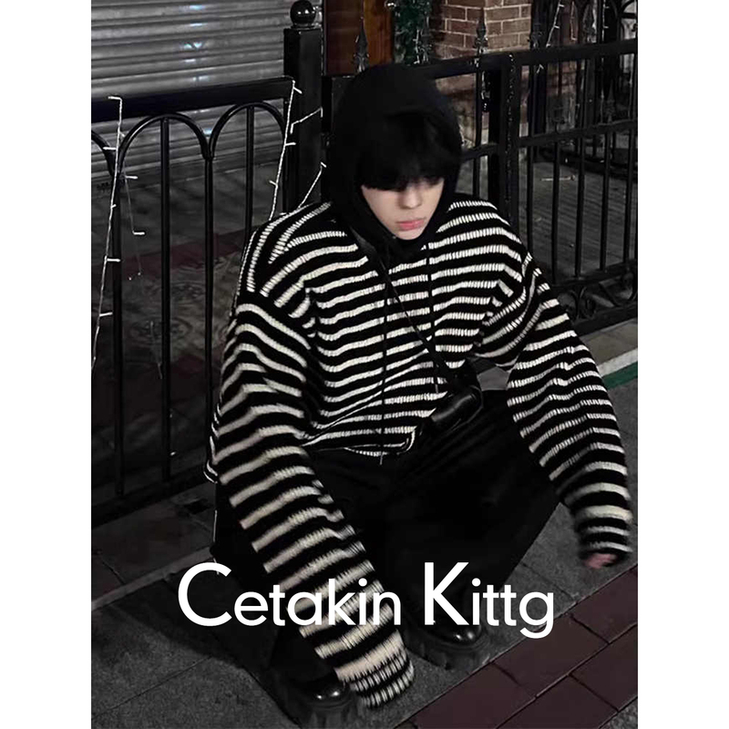 Cetakin Kittg Korean Style Outfit Hooded Striped Sweater for Men, Casual High-End Knitwear Jacket