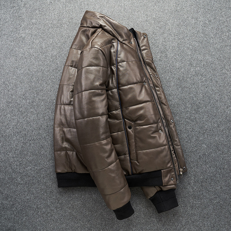 Удерживающая тепло куртка с пухом, Италия, из натуральной кожи, облегающий крой, увеличенная толщина 