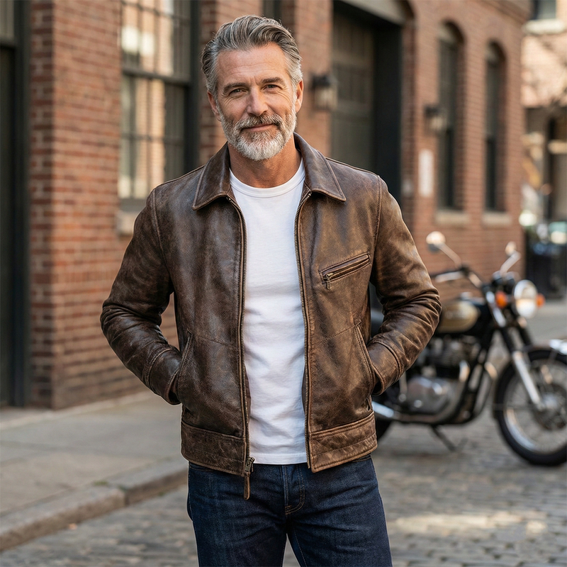 Vintage Wooden Box-Style Distressed Genuine Leather Jacket with Uncoated Top Layer Cowhide, Slim Fit Lapel Biker Jacket