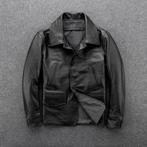 Head Layer Cow Leather Mens Leather Clothing Casual Genuine Leather Medium Long Style Wind Jersey Mens Drivers Flipped Leather Jacket Single Row of Leather Jacket