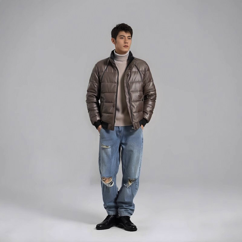 Удерживающая тепло куртка с пухом, Италия, из натуральной кожи, облегающий крой, увеличенная толщина 