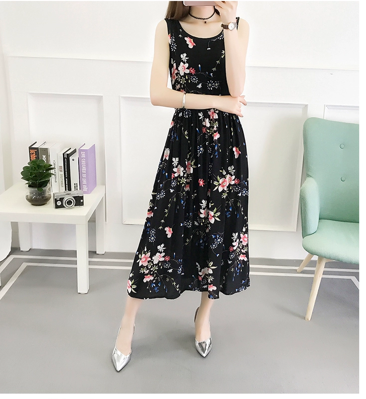 2018 Mùa Hè Nam Cotton Eo Lady Bohemian Kích Thước Lớn Bãi Biển Dress Không Tay In Cotton Silk Dress Nữ