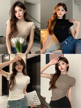Pure desire half turtleneck T-shirt women's summer ins tide all-match solid color top hot girl tight-fitting short-sleeved bottoming shirt