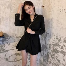 Spring retro design sensation V collar long sleeve irregular shirt small black dress A character short skirt 100 lap high waist one-piece dress