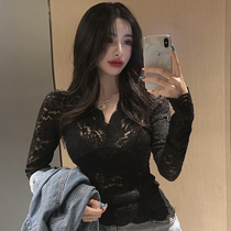 New fashion sexy v collar Long sleeves 100 hitch Lace Sweatshirt Spring Season to take a look at the undershirt blouse