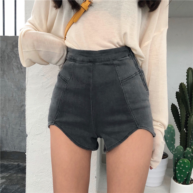 Summer Fashion Women's Clothing Retro High Waist Elastic Lift Hip Hot Pants Side Pull Chain Expats Slim Irregular Denim Shorts Tide
