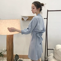 Đầu mùa thu mới màu rắn dài váy triều tính khí Hàn Quốc cá tính ngực xoắn K-cổ eo cao ăn mặc nữ váy chữ a
