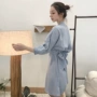 Đầu mùa thu mới màu rắn dài váy triều tính khí Hàn Quốc cá tính ngực xoắn K-cổ eo cao ăn mặc nữ váy chữ a