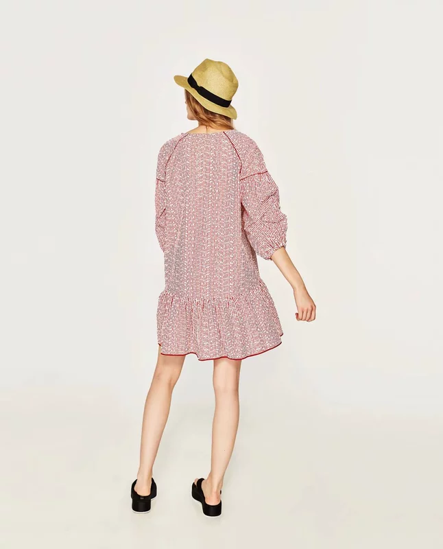 Rất đẹp tinh khiết nguyên bản lão hóa Matsumoto công ty フ 18 mùa hè ăn mặc thêu Pháp bảy tay áo charm cotton chải kỹ ăn mặc nữ chân váy xếp ly ngắn