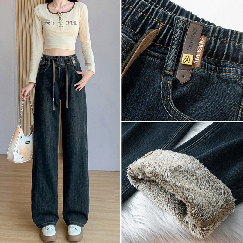 Straight-Leg Jeans for Women, Autumn and Winter 2025 New Style, High-Waisted, Slimming, Casual, Loose, Fleece-Lined, Thickened, Warm, Wide-Leg Pants Straight-Leg Jeans for Women, Autumn and Winter 2025 New Style, High-Waisted, Slimming, Casual, Loose, Fleece-Lined, Thickened, Warm, Wide-Leg Pants