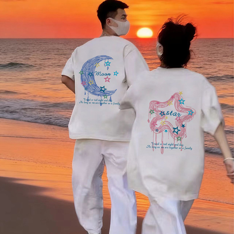 Short-Sleeved T-Shirt Heavyweight Pure Cotton Couple Outfit 26 Summer New Style Moon and Star Print One for Men and One for Women Vacation Tops