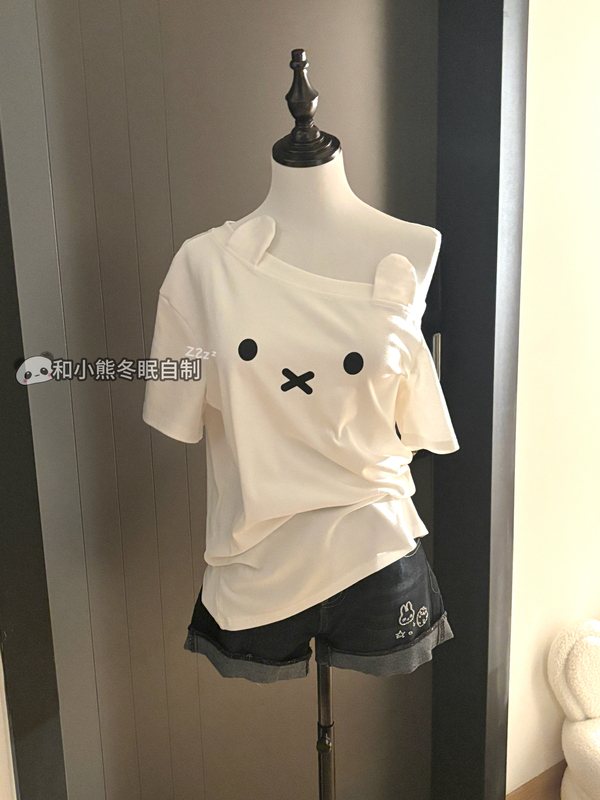 Cute Miffy Rabbit 3D Ears Summer Off-Shoulder Loose Slimming Versatile Short-Sleeve T-Shirt for Women