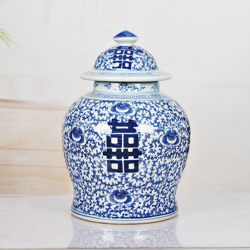 Late Qing blue and white porcelain wrapped with branches and happy characters big jar antique porcelain antique home decoration Jingdezhen ceramics