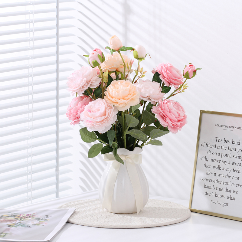 Silk flower fake flower vase simulation flower flower decoration desktop bouquet peony rose flower Nordic dining table home