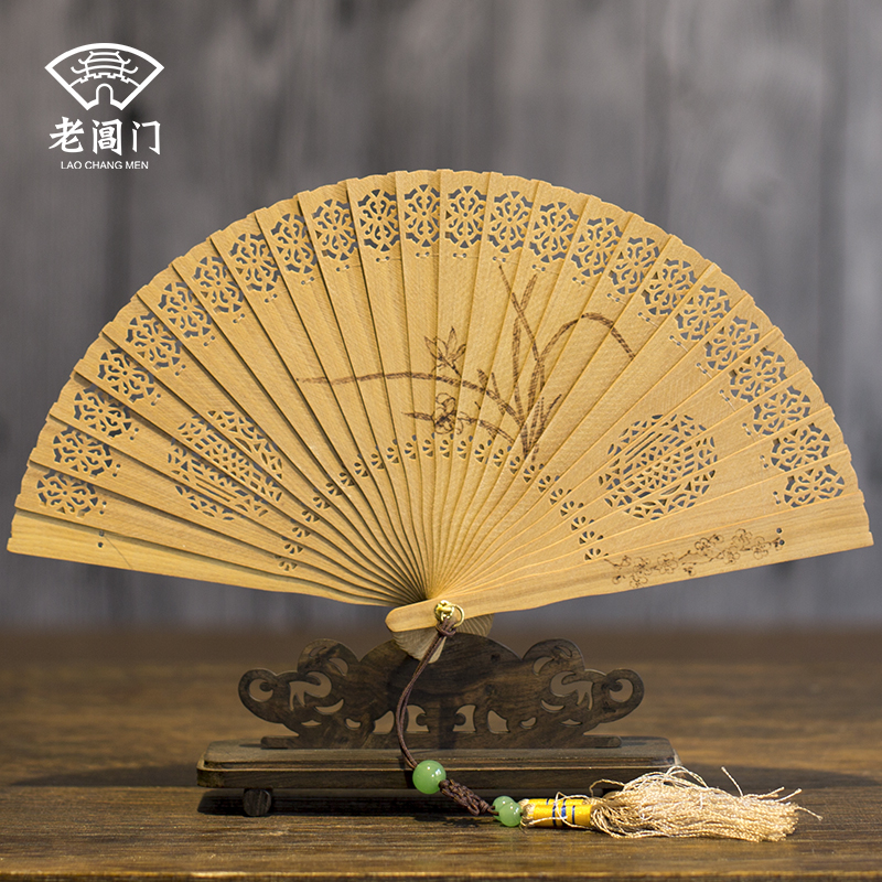 Old Changmen Suzhou Chinese style sandalwood folding fan classical gift craft mini text play retro style sandalwood fan hollow