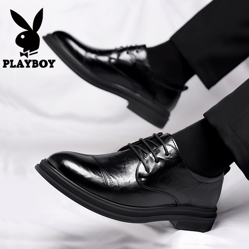 Playboy Leather Shoes for Men, Winter Business Formal Wear, Men's Genuine Leather, Large Size, Height-Increasing, Fleece-Lined, Warm Groom's Wedding Shoes