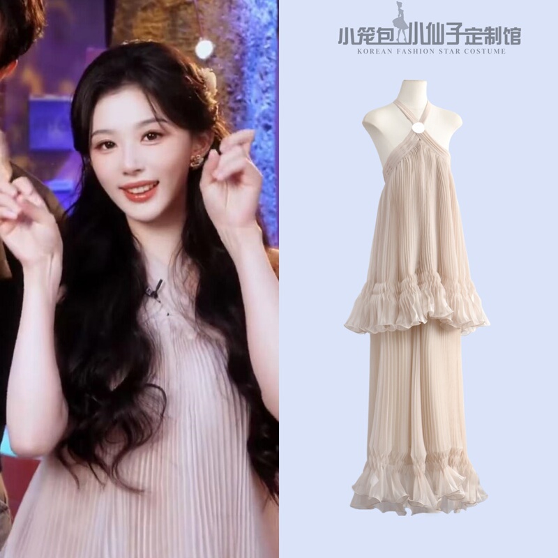 Kong Xuer's Same Style Halter Neck Tie Dress with a French Design, Gentle and Ethereal, Pleated Large Skirt, Vacation Dress for Summer