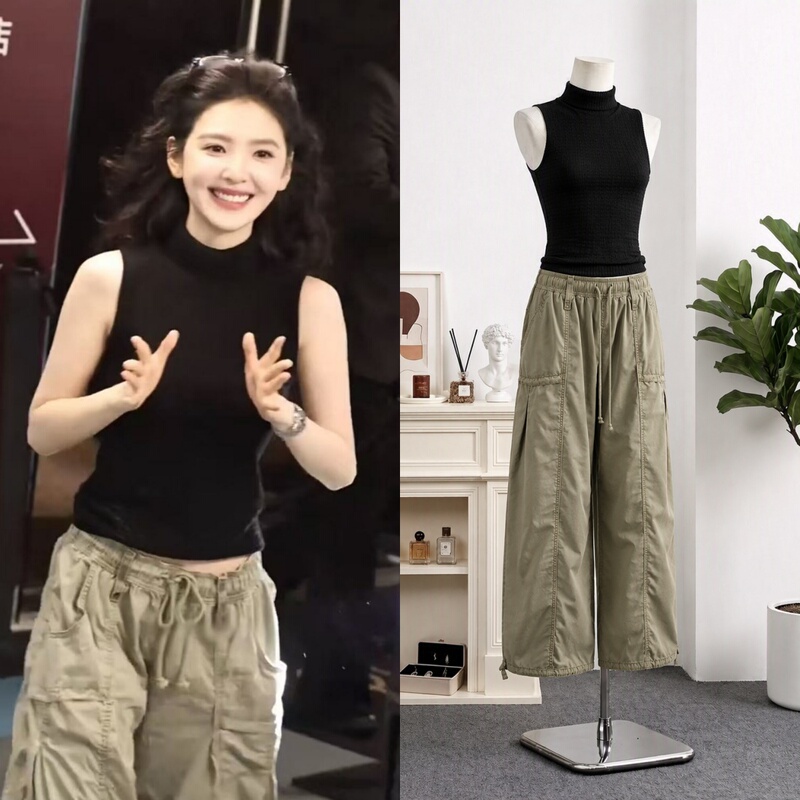 Zhang Ruonan's Same Style Black Sleeveless Tank Top T-Shirt Drawstring Cargo Casual Pants American Retro Hot Girl Stage Outfit Zhang Ruonan's Same Style Black Sleeveless Tank Top T-Shirt Drawstring Cargo Casual Pants American Retro Hot Girl Stage Outfit