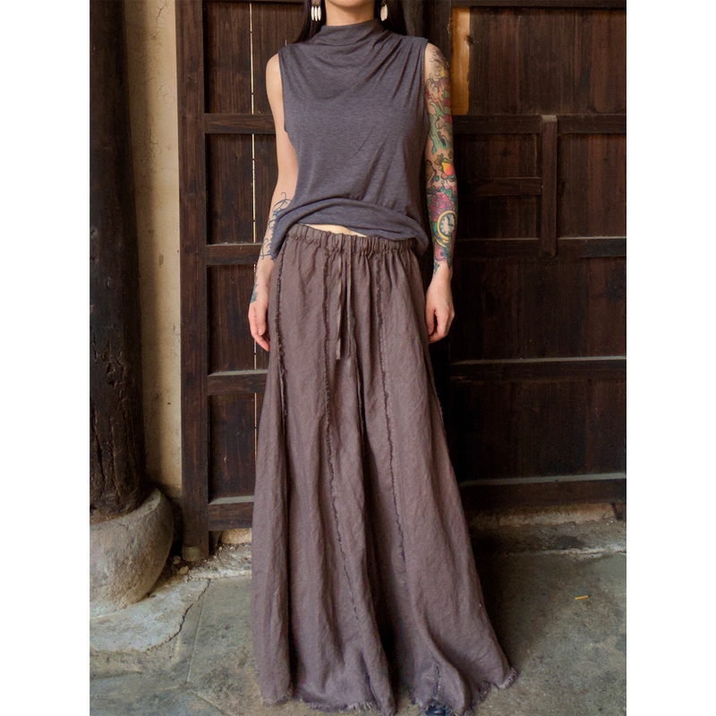 A Type of Fabric LAOSHU Relaxed Linen Vintage Elastic Waist Fishtail Skirt with Tassel Frayed Edges and Drawstring Design Versatile Long Skirt