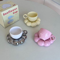 Luca Ains brief cute sun flower cream yellow coffee cup saucer with light lavish afternoon tea cutlery milk tea cup
