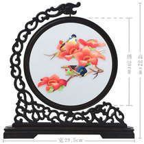 Wide embroidered Cantonese embroidered pure hand embroidered double-sided embroidered small screen swinging piece table screen wood cotton Guangzhou featured handicraft