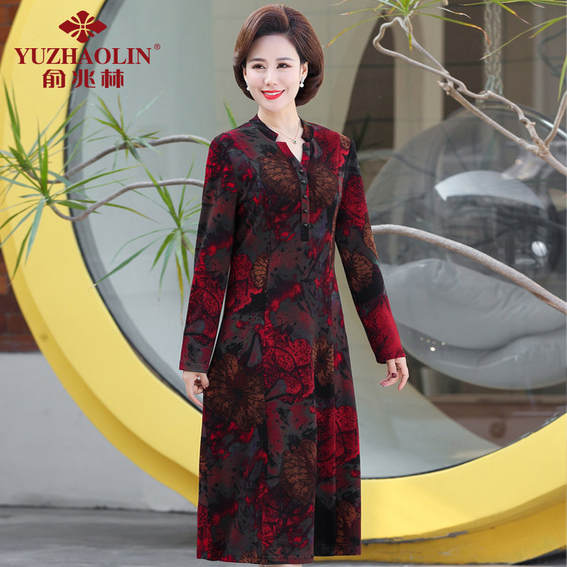 Mom spring dress middle-aged women's western style noble 50-year-old middle-aged and elderly loose large size over-the-knee chiffon skirt